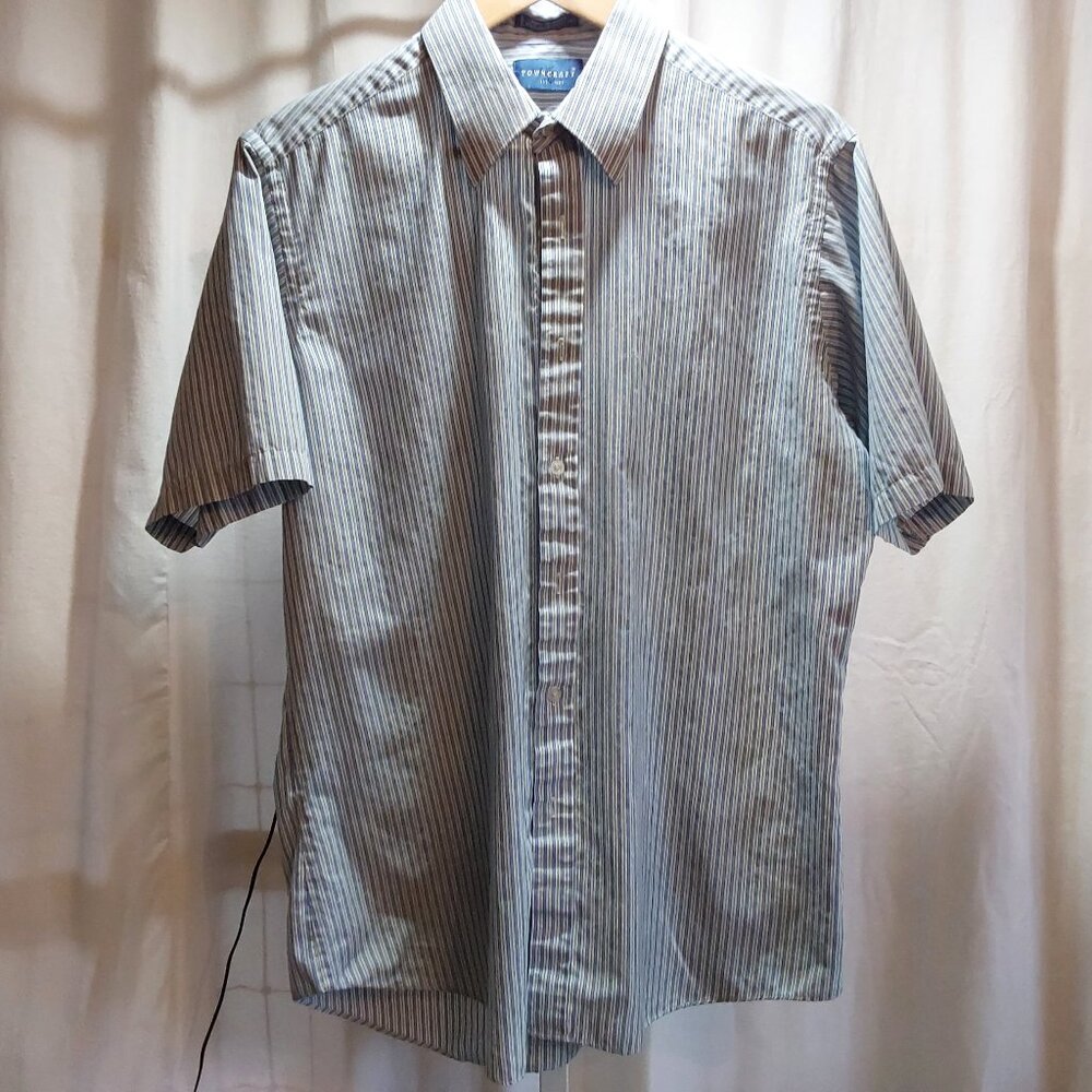 Town Craft Vintage Light Blue Striped Button Up Short Sleeve Shirt Boy's Size 16